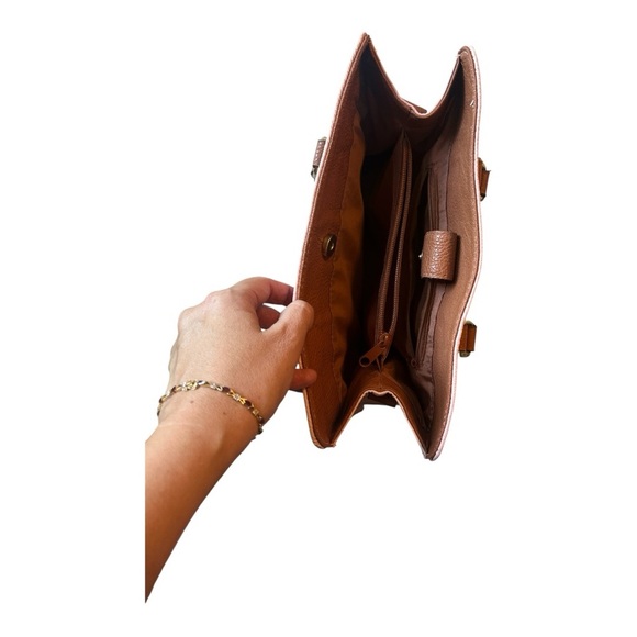 Vegan Leather Brown and Pink Structured Satchel with Double Handles - Picture 3 of 9